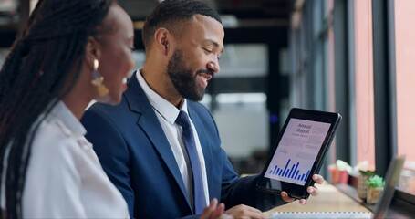 Canvas Print - Business people, teamwork and tablet with meeting in cafe for planning, communication and statistics. Employees, man or woman with annual report for project, laughing and networking in coffee shop