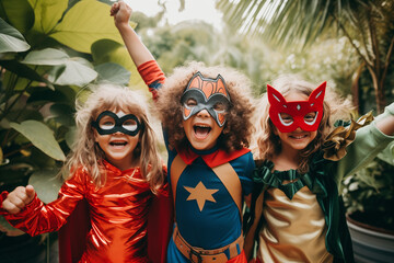 Wall Mural - Cheerful children in superhero costumes at carnival