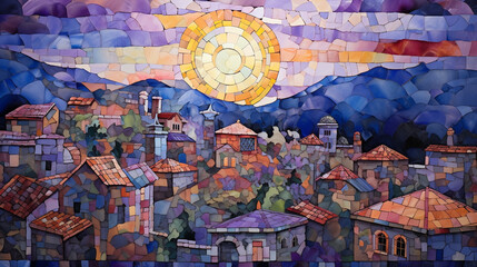 Wall Mural - A watercolor town depicted in the form of a mosaic, located on a hill by the sea.