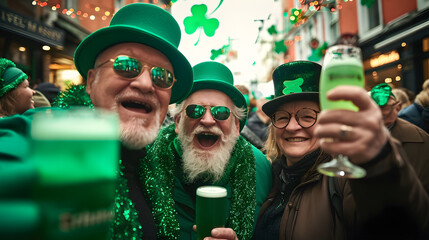 Wall Mural - Mature people are having fun, wearing green costumes and celebrating St. Patrick's Day in street bar
