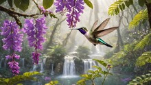 Hummingbird Bird Flying Background Of  Waterfall In  ,fantasy Jungle  