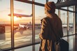 woman wearing warm clothes waiting for departure in the airport. ai generated