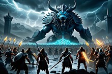 An Epic Battleground Where Mythical Warriors Clash Beneath A Stormy Sky