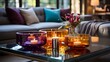 Glass candles of varying colors and sizes displayed on a mirrored tray, adding a vibrant and dynamic focal point to a room.