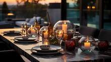 Glass Candles Of Varying Heights And Shapes As A Centerpiece On A Marble Dining Table, Creating A Sophisticated Ambiance.
