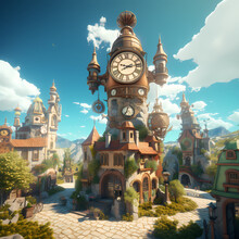Clock Tower In A Whimsical Steampunk Town.