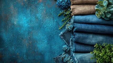 Sticker -  a pile of blue jeans sitting on top of a wooden floor next to a pile of green plants on top of a wooden floor next to a pile of blue jeans.