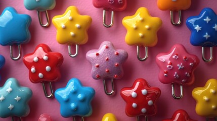 Wall Mural -  a close up of a bunch of little stars on a pink background with a clip on each side of the clip and a star on the other side of the clip.