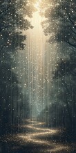 Abstract Fantasy Background With Stairs Trees Light Beams Warm Color Rain