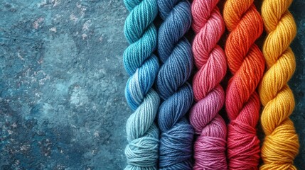 Poster -  a row of multicolored skeins of yarn next to each other on a stone surface in a rainbow - hued color palette of red, blue, yellow, orange, pink, green, blue, orange, and pink, and yellow.