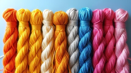 Poster -  a row of multicolored skeins of yarn lined up in a row on top of a blue background with one skeing of skeins of skeins next to the skeins.