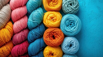 Poster -  several skeins of multicolored yarn lined up in a rainbow - hued rainbow - hued display in front of a blue - colored brick wall.