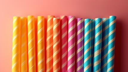 Wall Mural -  a row of multicolored paper straws lined up on a pink background with a pink wall in the background and a pink wall to the side of the photo.