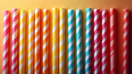 Wall Mural -  a row of multicolored paper straws lined up against a yellow orange and pink wall with one of them sticking out of the top of the straws.