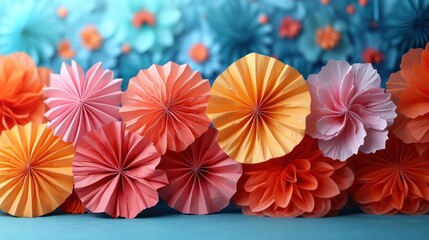 Canvas Print -  a group of paper flowers sitting next to each other on a blue and orange surface with blue and orange flowers in the background and a blue wall in the background.