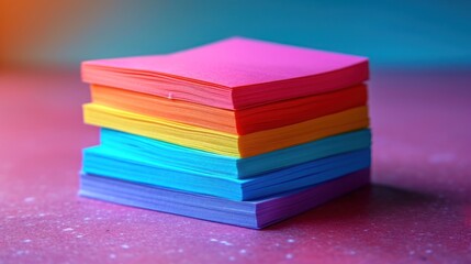 Poster -  a stack of multicolored papers sitting on top of a pink table next to a blue and orange wall and a blue and yellow wall behind it is a pink background.