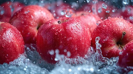 Wall Mural -  a group of red apples sitting on top of a pile of water covered apples with drops of water on the top of the apples and on the bottom of the apples.