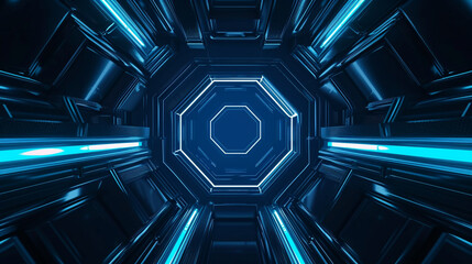 Wall Mural - 
A futuristic presentation background with a dark blue and black color scheme, featuring a 3D abstract geometric shape in the center, with a glowing neon outline