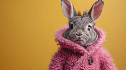 Wall Mural -  a rabbit wearing a pink coat and looking at the camera with a surprised look on it's face, with a yellow background behind it is a yellow wall.