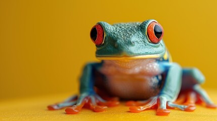 Wall Mural -  a close up of a frog on a yellow surface with a yellow wall in the background and a red - eyed frog on the front of it's head.
