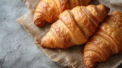 Sticker -  a pile of croissants sitting on top of each other on a piece of burlocked paper on top of a tablecloth covered in burlap.