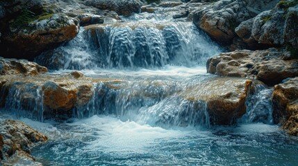 Sticker -  a close up of a waterfall in a body of water with rocks on either side of it and water running down the side of the waterfall to the other side of the waterfall.