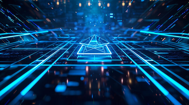 
A futuristic presentation background with a dark blue and black color scheme, featuring a 3D abstract geometric shape in the center, with a glowing neon outline