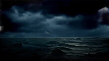 Storm In The Middle Of The Sea With Waves And Thunderstorms