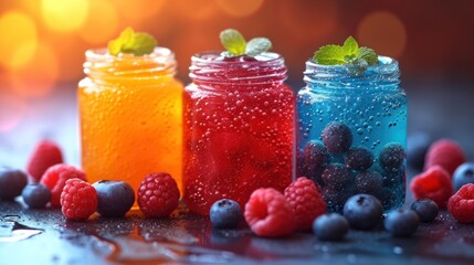 Poster -  a group of three jars filled with different types of berries and blueberries next to raspberries and raspberries next to each other raspberries and blueberries.