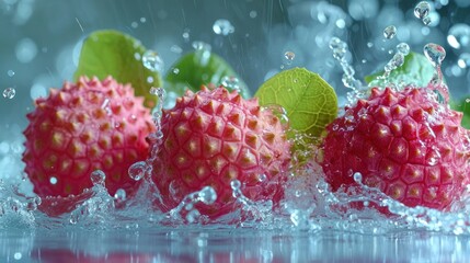 Wall Mural -  a group of raspberries splashing in water with green leaves on the top of the raspberries and on the bottom of the other raspberries.