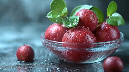 Sticker -  a close up of a bowl of strawberries with leaves on the top of the bowl and water droplets on the bottom of the bowl and on the bottom of the bowl.