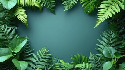 Poster -  a group of green leaves on a blue background with a place in the center for a text or a picture with a place in the center for a picture ornament.