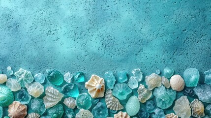 Poster -  a group of seashells sitting on top of a sandy beach next to a body of water with a blue sky in the backround of the picture.