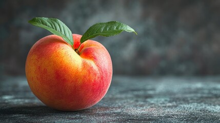 Sticker -  a close up of a peach with a leaf sticking out of it's center, on a gray surface, with a black back ground and a gray wall in the background.