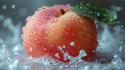 Canvas Print -  a red apple with a green leaf on top of it with water droplets on the bottom of it and a green leaf on top of the top of the apple.