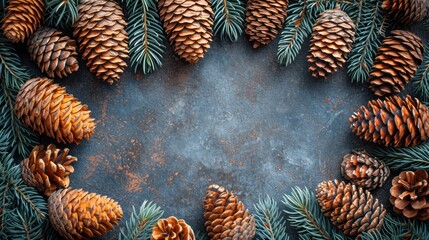 Poster -  a group of pine cones sitting next to each other on top of a blue surface with a circle of pine cones in the middle of the middle of the image.