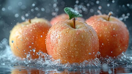 Sticker -  three oranges with a green leaf on top of them are splashing in a puddle of water on a black and white background with a splash of water droplets.