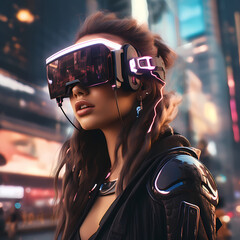 Canvas Print - Cyberpunk girl with augmented reality glasses. 