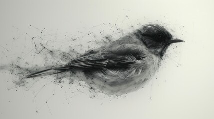 Poster -  a black and white photo of a bird with a lot of small dots on it's back and neck, with a white background and black and white background.