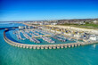 Brighton Marina in East Sussex, Southern England, with chalk cliffs and Brighton City in the background, Aerial photo from the sea.
