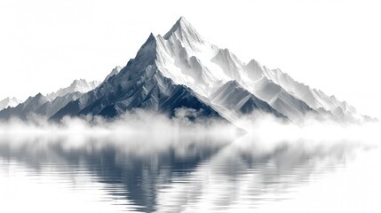 Poster -  a black and white photo of a mountain with clouds in the foreground and a body of water in the foreground with a reflection of the mountain in the water.