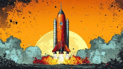 Poster -  a painting of a rocket taking off into the sky with a full moon in the background and clouds in the foreground, with a full moon in the distance.