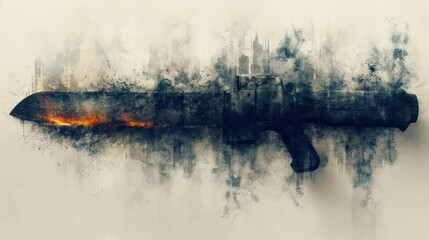 Wall Mural -  a painting of a gun on a wall with a lot of smoke coming out of it and on the wall is a cityscape with skyscrapers and fire.