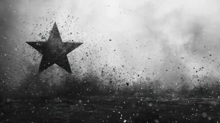 Sticker -  a black and white photo of a star in the middle of a storm with water splashing on the ground and the sky in the background, with a black and white star in the foreground.