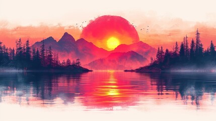 Wall Mural -  a painting of a sunset over a body of water with a mountain range in the background and trees in the foreground, and birds flying in the foreground.