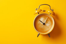 Classic Alarm Clock With Coffee Instead Of A Clock Face Isolated On A Yellow Background With Copy Space. Coffee Break, Morning Routine, Breakfast Time Minimal Creative Concept. Latte Art, Coffee Time.