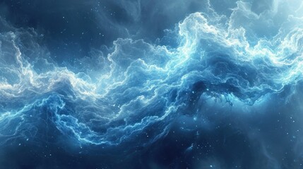 Wall Mural -  a computer generated image of a wave of blue and white clouds in a dark blue sky with stars in the bottom right corner of the image and bottom half of the image.