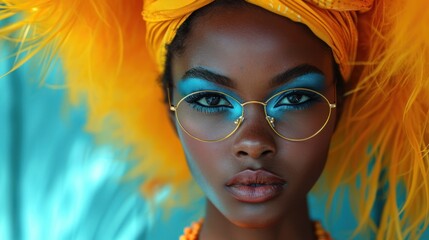 Canvas Print -  a close up of a woman wearing glasses and a yellow headdress with feathers on top of her head and a bright blue eyeshadow on her head.