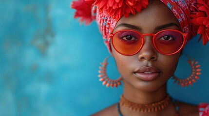 Wall Mural -  a close up of a woman wearing red sunglasses and a red headdress with red flowers on top of her head and a blue wall behind her is a blue background.