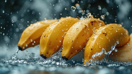 Poster -  a bunch of bananas sitting on top of a table covered in drops of water on top of a blue surface with drops of water on the top of the bananas.